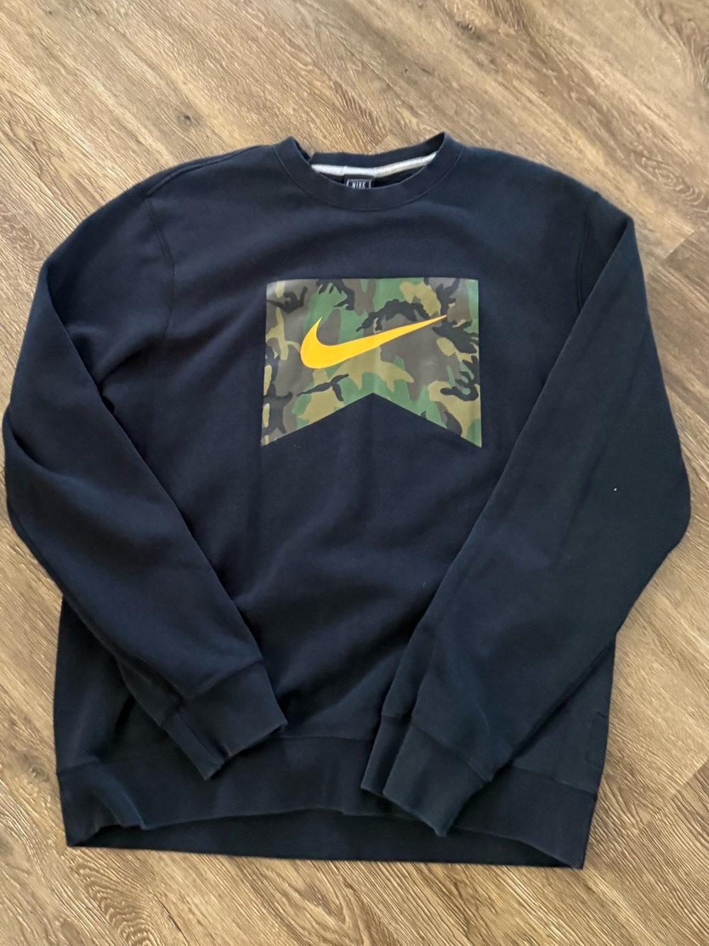 Nike Men's Black Crewneck Sweatshirt with Yellow Swoosh and Camo Panel